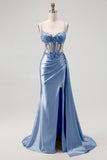Champagne Mermaid Corset Beaded Satin Long Prom Dress with Slit