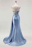 Champagne Mermaid Corset Beaded Satin Long Prom Dress with Slit