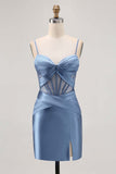 Royal Blue Sheer Corset Pleated Tight Graduation Dress with Slit