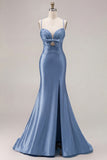 Fuchsia Mermaid Cut Out Pleated Satin Bowed Long Prom Dress with Slit