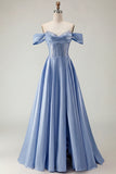 Off The Shoulder Beaded A Line Purple Corset Long Prom Dress with Slit