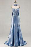 Blue Mermaid Corset Sweetheart Convertible Long Satin Prom Dress with Streamer