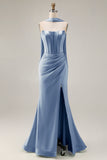 Strapless Corset Mermaid Light Green Satin Side Slit Maxi Dress with a Neck Scarf