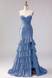 Red Mermaid Ruffled Sweetheart Beaded Corset Long Prom Dress with Slit
