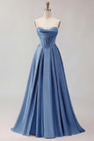 Golden Strapless Satin A-Line Corset Long Prom Dress