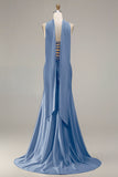 Strapless Champagne Two Piece Mermaid Beaded Convertible Long Prom Dress with a Neck Scarf