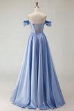 Off The Shoulder Beaded A Line Purple Corset Long Prom Dress with Slit