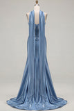 Blue Mermaid Corset Sweetheart Convertible Long Satin Prom Dress with Streamer