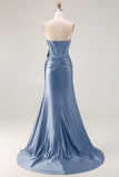 Navy Mermaid Strapless Corset Ruched Beaded Long Prom Dress with Bow