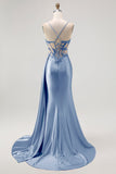 Champagne Mermaid Sheer Corset Beaded Side Streamer Long Prom Dress with Slit