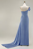 Green One Shoulder Ruched Sheath Long Prom Dress with Slit