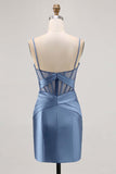 Royal Blue Sheer Corset Pleated Tight Graduation Dress with Slit
