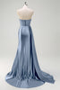 Load image into Gallery viewer, Navy Mermaid V-Neck Watteau Train Corset Beaded Prom Dress with Slit