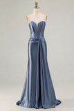 Strapless Mermaid Dark Green Corset Long Prom Dress with Sash