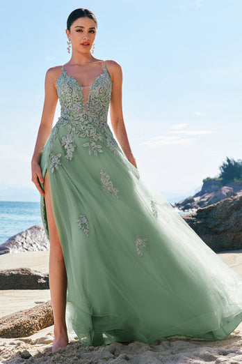 Green A-Line Spaghetti Straps Tulle Long Prom Dress with Criss Cross Back