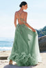 Load image into Gallery viewer, Green A-Line Spaghetti Straps Tulle Long Prom Dress with Criss Cross Back