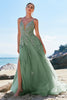 Load image into Gallery viewer, Green A-Line Spaghetti Straps Tulle Long Prom Dress with Criss Cross Back