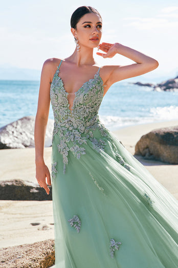 Green A-Line Spaghetti Straps Tulle Long Prom Dress with Criss Cross Back