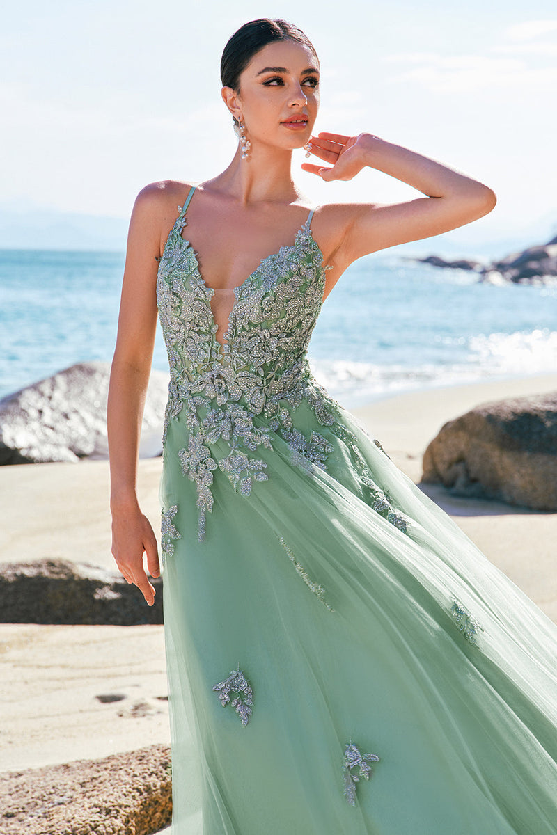 Load image into Gallery viewer, Green A-Line Spaghetti Straps Tulle Long Prom Dress with Criss Cross Back