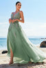 Load image into Gallery viewer, Green A-Line Spaghetti Straps Tulle Long Prom Dress with Criss Cross Back