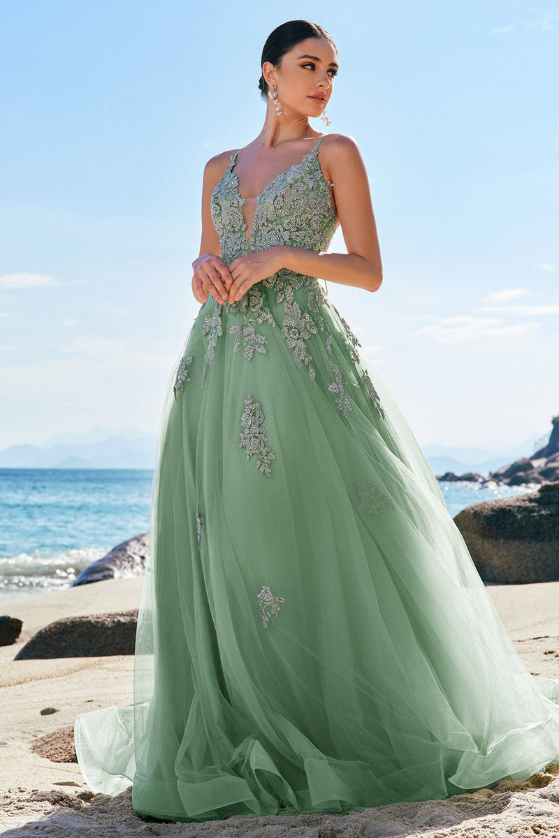 Load image into Gallery viewer, Green A-Line Spaghetti Straps Tulle Long Prom Dress with Criss Cross Back