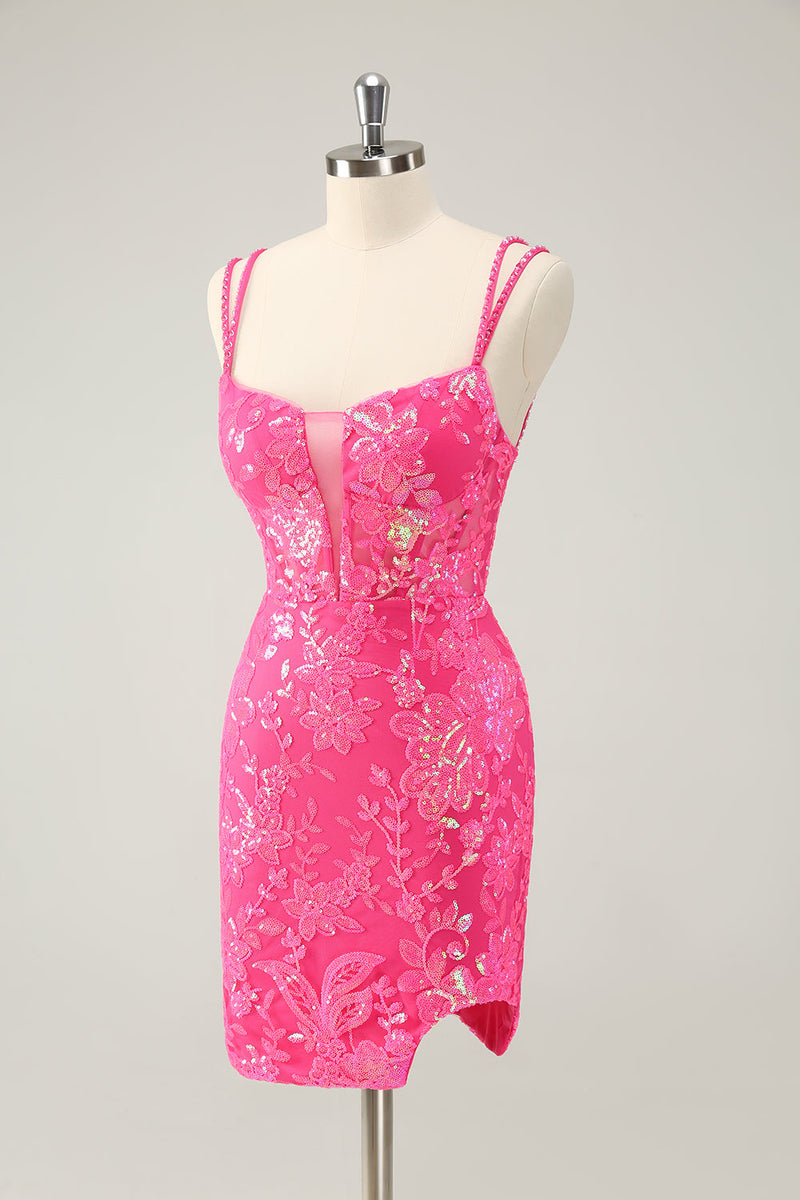 Load image into Gallery viewer, Gorgeous Hot Pink Bodycon Lace Up Glittler Short Graduation Dress with Slit