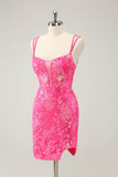 Gorgeous Hot Pink Bodycon Lace Up Glittler Short Graduation Dress with Slit