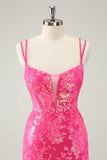 Gorgeous Hot Pink Bodycon Lace Up Glittler Short Graduation Dress with Slit