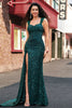 Load image into Gallery viewer, Sparkly Dark Green Sheath Sequin Pleated Long Prom Dress With Thigh Split