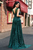 Load image into Gallery viewer, Sparkly Dark Green Sheath Sequin Pleated Long Prom Dress With Thigh Split