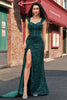 Load image into Gallery viewer, Sparkly Dark Green Sheath Sequin Pleated Long Prom Dress With Thigh Split