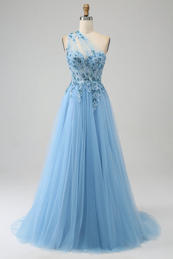 Light Blue A-Line One Shoulder Sequin Prom Dress with Appliques