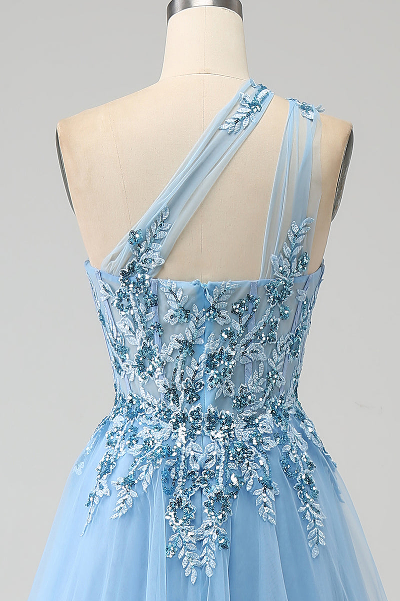 Load image into Gallery viewer, Light Blue A-Line One Shoulder Sequin Prom Dress with Appliques