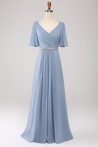 A-Line Chiffon Dusty Blue Long Bridesmaid Dress with Beaded Waist