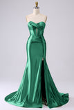 Sparkly Dark Green Mermaid Sweetheart Corset Long Prom Dress with Slit