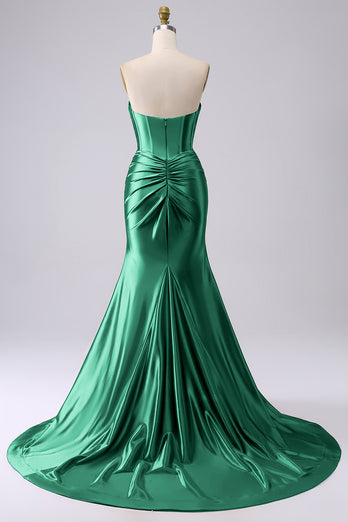 Sparkly Dark Green Mermaid Sweetheart Corset Long Prom Dress with Slit