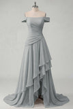 Off the Shoulder Chiffon Butter Yellow A-Line Ruffled Maxi Dress with Slit