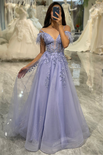 A-Line Cold Shoulder Lilac Corset Prom Dress with Appliques