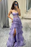 Lavender Strapless Tiered Tulle Corset Prom Dress with Appliques