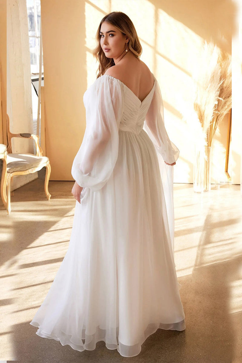 Load image into Gallery viewer, White A-Line Off the Shoulder Long Sleeves Ruched Wedding Party Dress