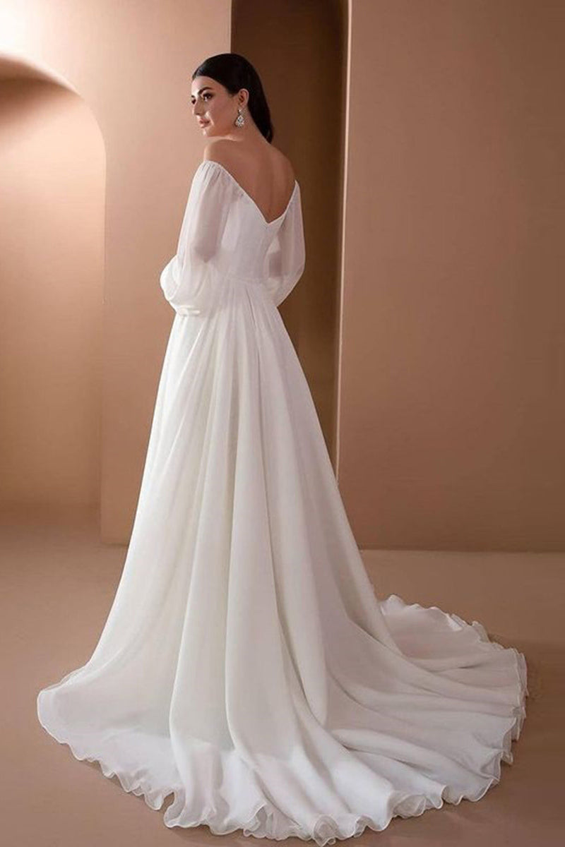 Load image into Gallery viewer, White Off the Shoulder Long Sleeves A-Line Wedding Party Dress