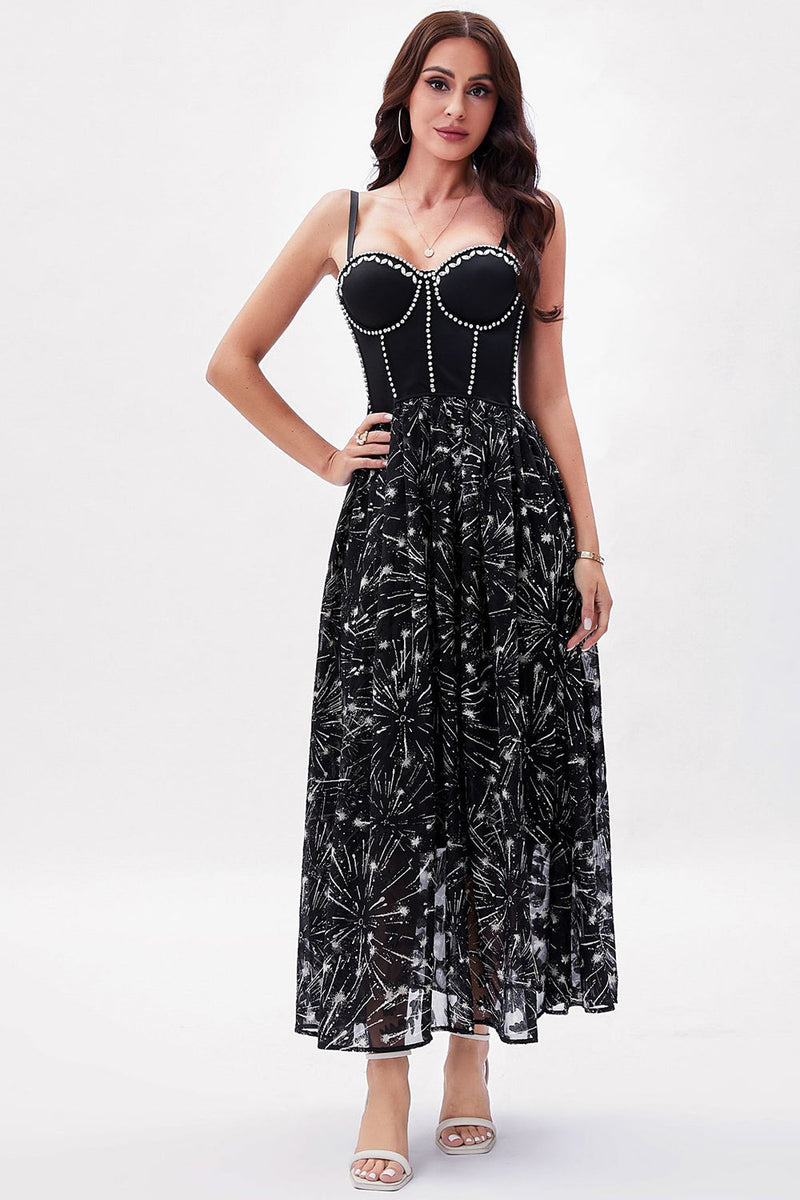 Load image into Gallery viewer, Black Printed A-Line Spaghetti Straps Party Dress