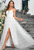 Load image into Gallery viewer, White A-Line Spaghetti Straps Appliques Tulle Long Wedding Party Dress with Slit