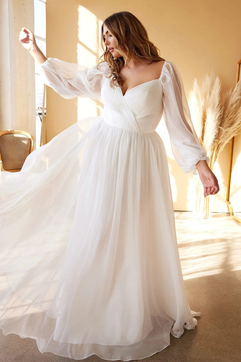 Load image into Gallery viewer, White A-Line Off the Shoulder Long Sleeves Ruched Wedding Party Dress