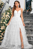 Load image into Gallery viewer, White A-Line Spaghetti Straps Appliques Tulle Long Wedding Party Dress with Slit