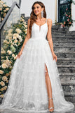 White A Line Spaghetti Straps Appliques Tulle Long Wedding Guest Dress with Slit