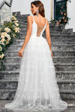 White A Line Spaghetti Straps Appliques Tulle Long Wedding Guest Dress with Slit