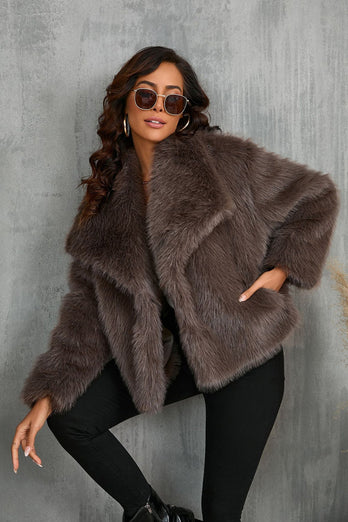 Fluffy Black Turn Lapel Faux Fur Winter Coat