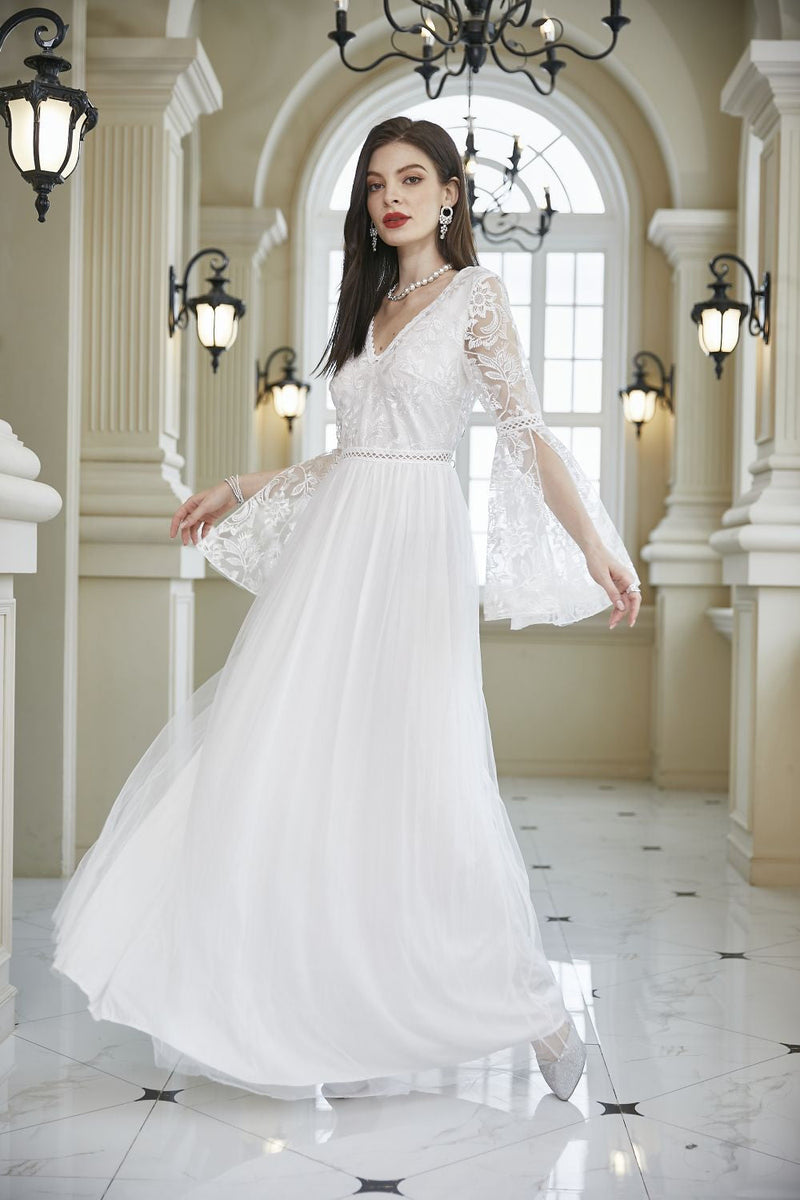 Load image into Gallery viewer, White A-Line V Neck Lace Bell Sleeves Long Wedding Party Dress