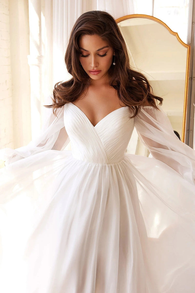 Load image into Gallery viewer, White A-Line Off the Shoulder Long Sleeves Ruched Wedding Party Dress